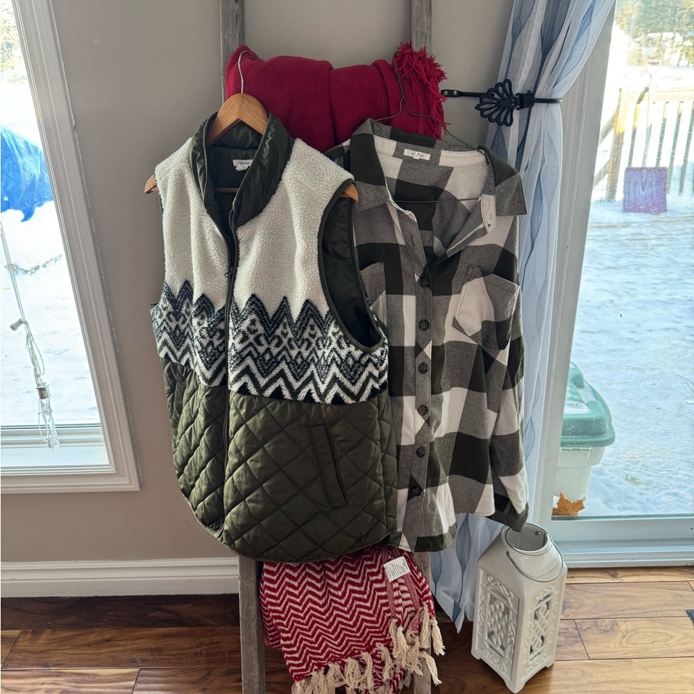 Green Quilted Vest with Black and White Pattern
